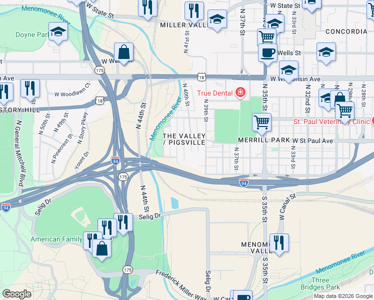 map of restaurants, bars, coffee shops, grocery stores, and more near 219 North 40th Street in Milwaukee