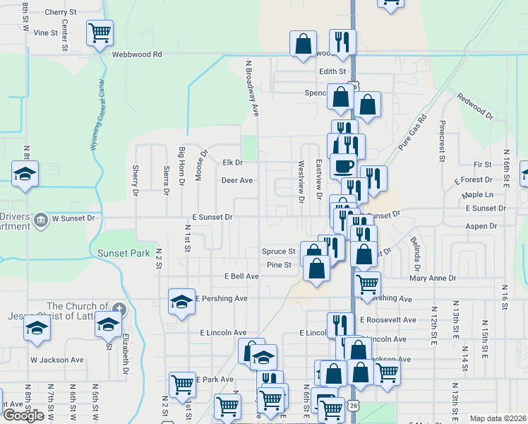 map of restaurants, bars, coffee shops, grocery stores, and more near 429 East Sunset Drive in Riverton