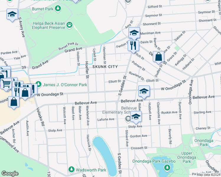 map of restaurants, bars, coffee shops, grocery stores, and more near 1334-36 West Onondaga Street in Syracuse