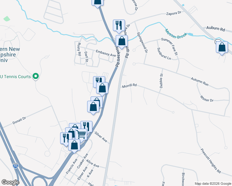 map of restaurants, bars, coffee shops, grocery stores, and more near 128 Mammoth Road in Hooksett