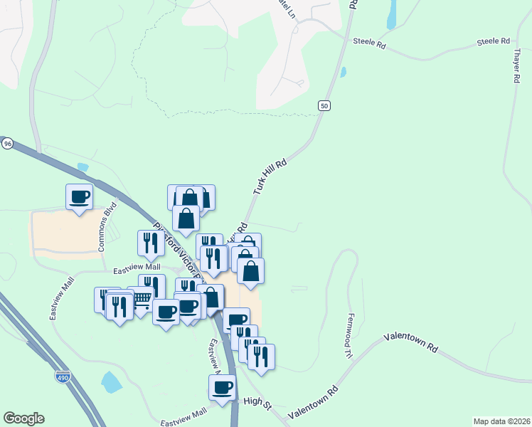 map of restaurants, bars, coffee shops, grocery stores, and more near 103 Turk Hill Road in Victor