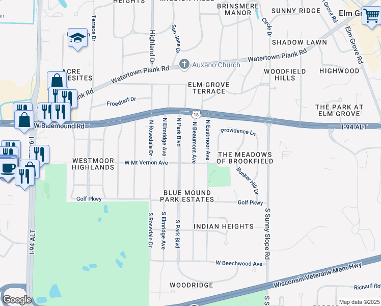 map of restaurants, bars, coffee shops, grocery stores, and more near 285 North Beaumont Avenue in Brookfield