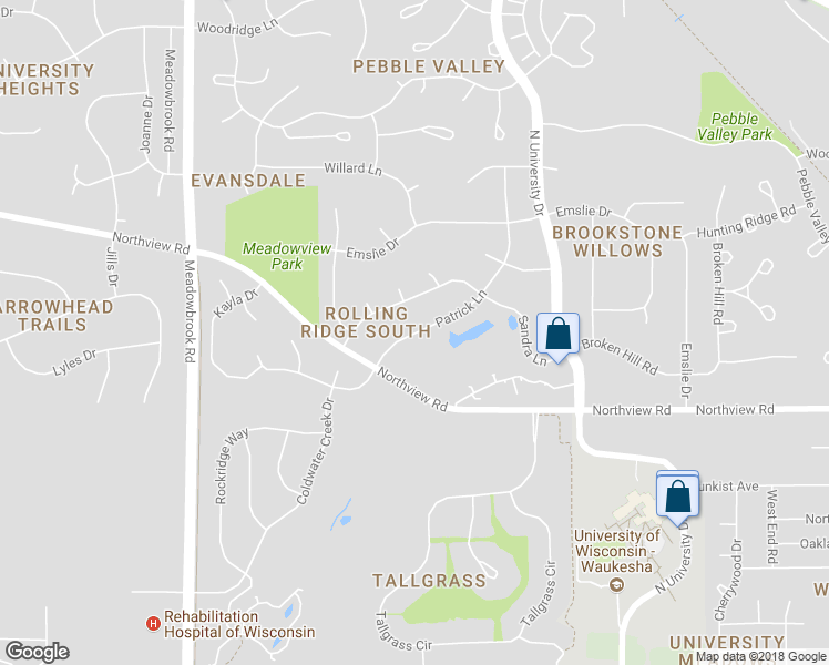 map of restaurants, bars, coffee shops, grocery stores, and more near 2222 Patrick Lane in Waukesha