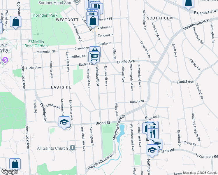 map of restaurants, bars, coffee shops, grocery stores, and more near 247 Roosevelt Avenue in Syracuse