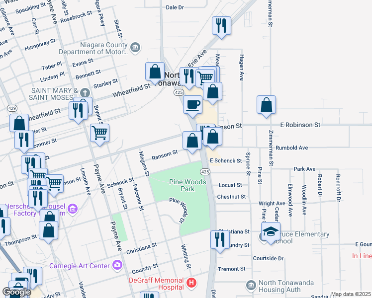 map of restaurants, bars, coffee shops, grocery stores, and more near 452 Fassett Street in North Tonawanda