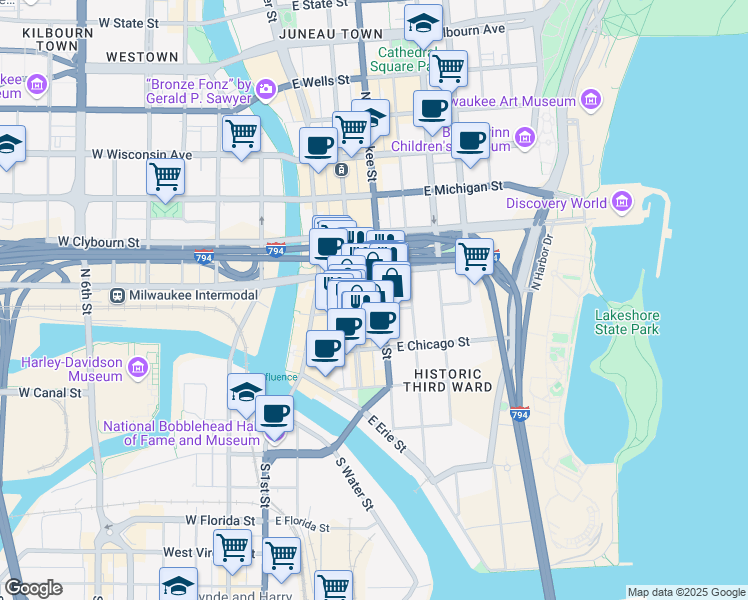map of restaurants, bars, coffee shops, grocery stores, and more near 320 East Buffalo Street in Milwaukee