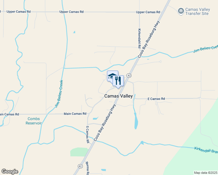 map of restaurants, bars, coffee shops, grocery stores, and more near 197 Main Camas Road in Camas Valley