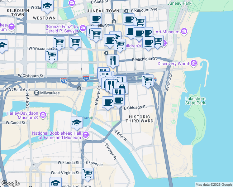 map of restaurants, bars, coffee shops, grocery stores, and more near 320 East Buffalo Street in Milwaukee