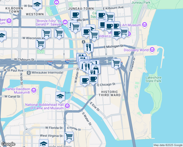 map of restaurants, bars, coffee shops, grocery stores, and more near 342 North Milwaukee Street in Milwaukee