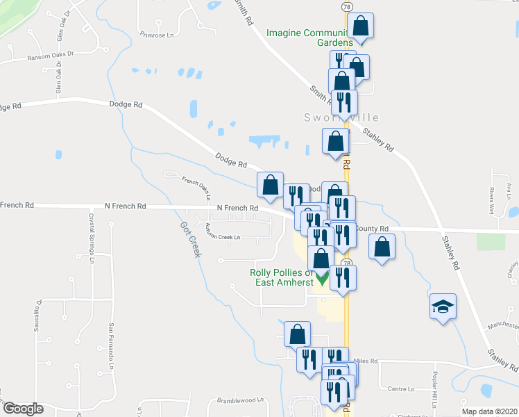 map of restaurants, bars, coffee shops, grocery stores, and more near 4750 North French Road in East Amherst