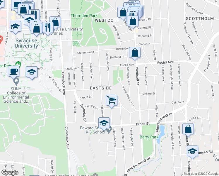 map of restaurants, bars, coffee shops, grocery stores, and more near Lancaster Ave & Stratford St in Syracuse