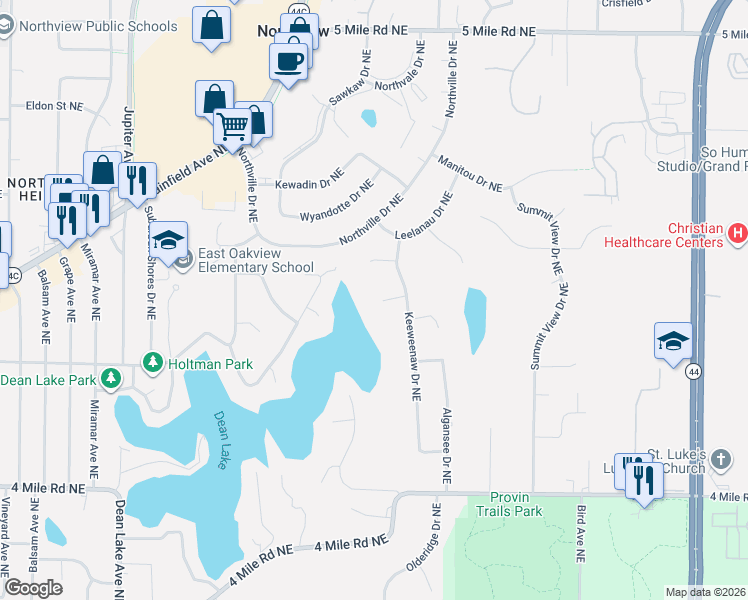 map of restaurants, bars, coffee shops, grocery stores, and more near 2650 Algonquin Court Northeast in Grand Rapids