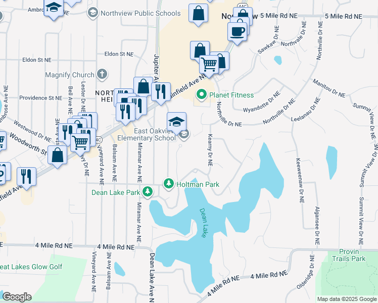 map of restaurants, bars, coffee shops, grocery stores, and more near 3940 Suburban Shores Drive Northeast in Grand Rapids