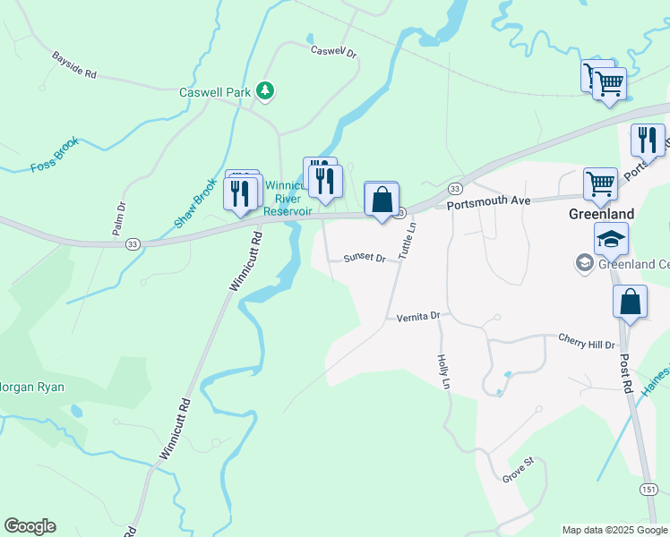map of restaurants, bars, coffee shops, grocery stores, and more near 49 Sunset Drive in Greenland