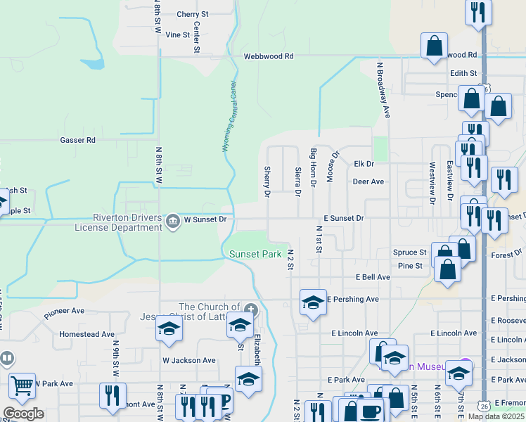 map of restaurants, bars, coffee shops, grocery stores, and more near 928 Sherry Drive in Riverton