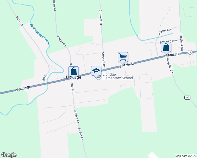 map of restaurants, bars, coffee shops, grocery stores, and more near 123 East Main Street in Elbridge