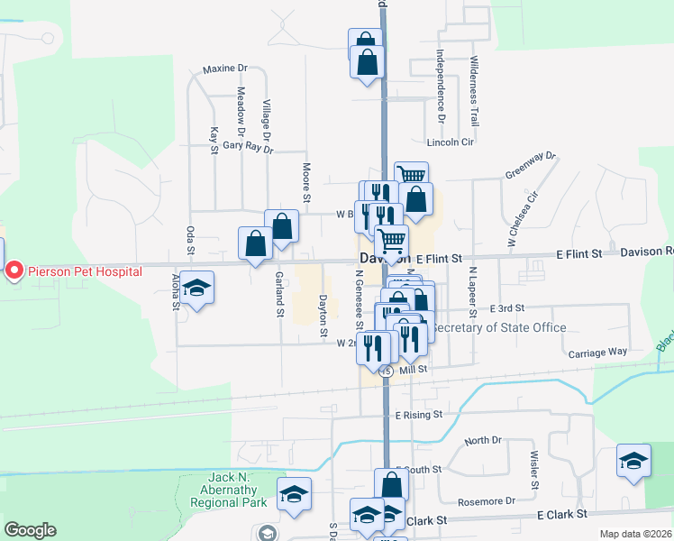 map of restaurants, bars, coffee shops, grocery stores, and more near 212 West Flint Street in Davison