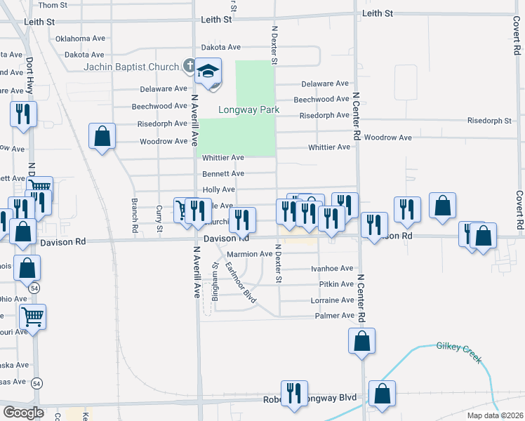 map of restaurants, bars, coffee shops, grocery stores, and more near 3602 Holly Avenue in Flint