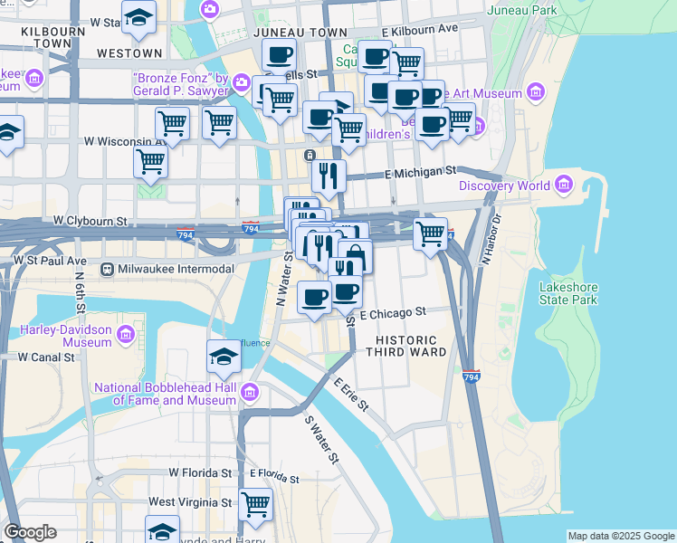 map of restaurants, bars, coffee shops, grocery stores, and more near 342 North Milwaukee Street in Milwaukee