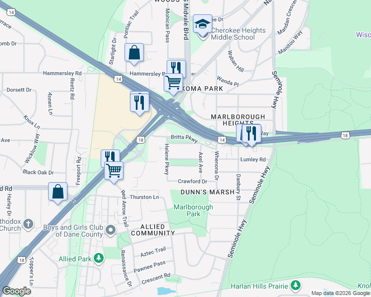 map of restaurants, bars, coffee shops, grocery stores, and more near 1706 Niemann Place in Madison