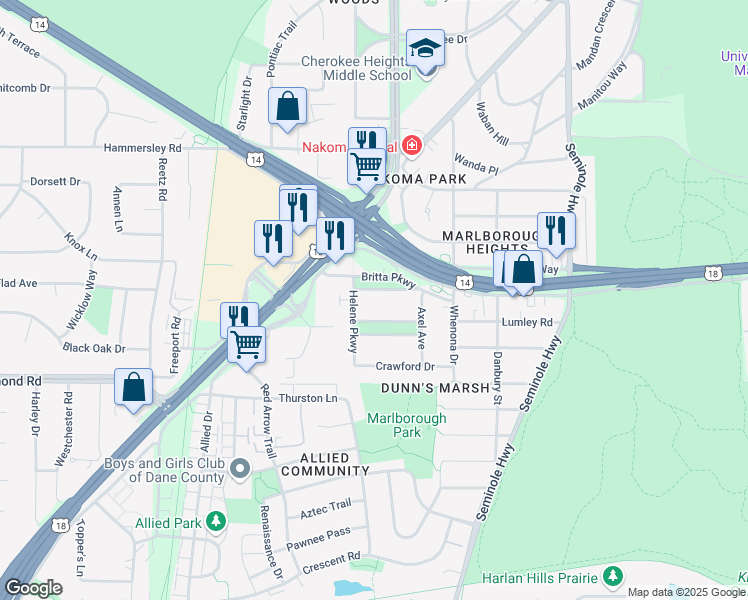 map of restaurants, bars, coffee shops, grocery stores, and more near 4362 Britta Parkway in Madison