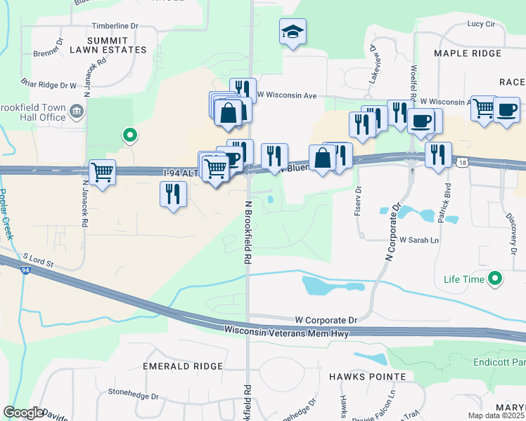 map of restaurants, bars, coffee shops, grocery stores, and more near 18775 Brookfield Lake Drive in Brookfield