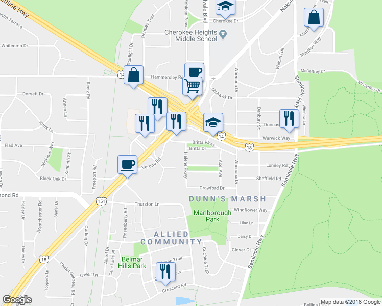 map of restaurants, bars, coffee shops, grocery stores, and more near 4357 Britta Drive in Madison