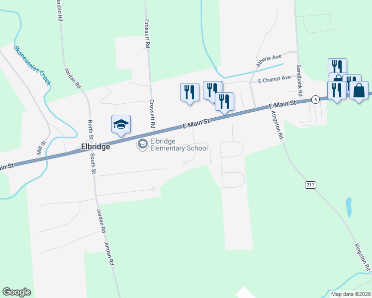 map of restaurants, bars, coffee shops, grocery stores, and more near 100 Meadow Drive in Elbridge