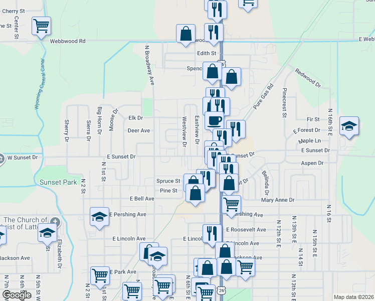 map of restaurants, bars, coffee shops, grocery stores, and more near 514 Southridge Dr in Riverton
