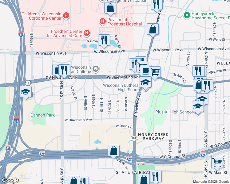 map of restaurants, bars, coffee shops, grocery stores, and more near 8620 Glencoe Circle in Wauwatosa
