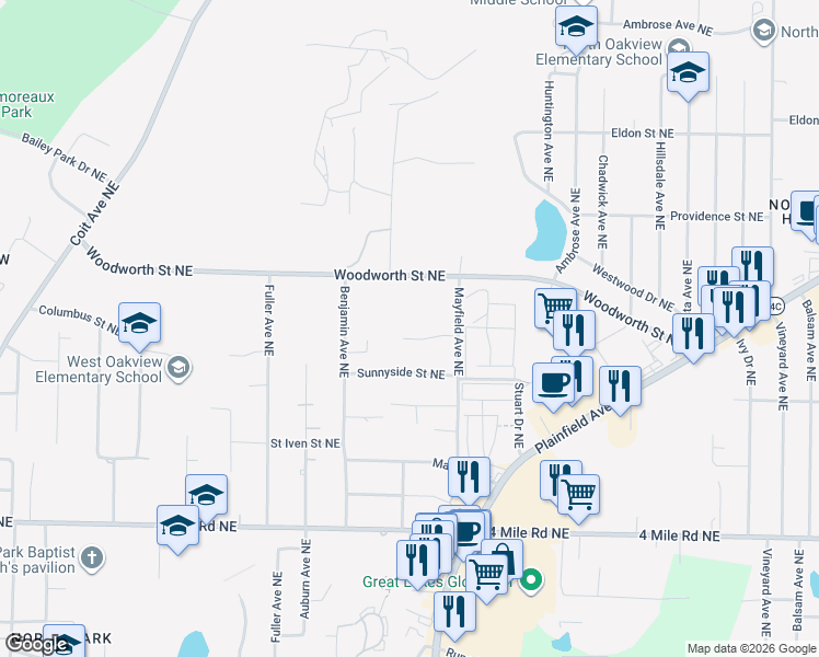 map of restaurants, bars, coffee shops, grocery stores, and more near 3939 Mayfield Avenue Northeast in Grand Rapids