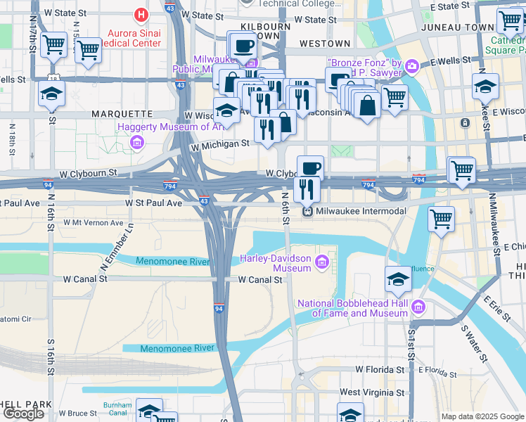 map of restaurants, bars, coffee shops, grocery stores, and more near 445 North 6th Street in Milwaukee