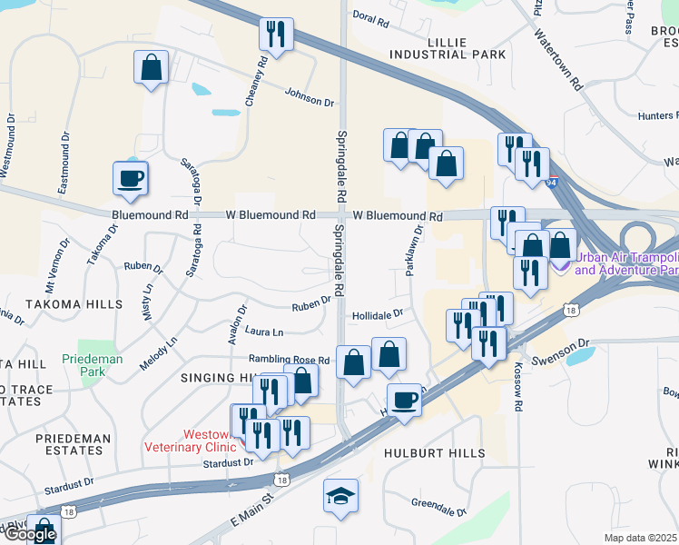 map of restaurants, bars, coffee shops, grocery stores, and more near 2410 Springdale Road in Waukesha
