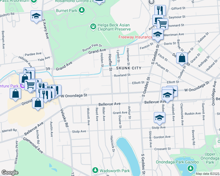 map of restaurants, bars, coffee shops, grocery stores, and more near 118-20 Loehr Avenue in Syracuse