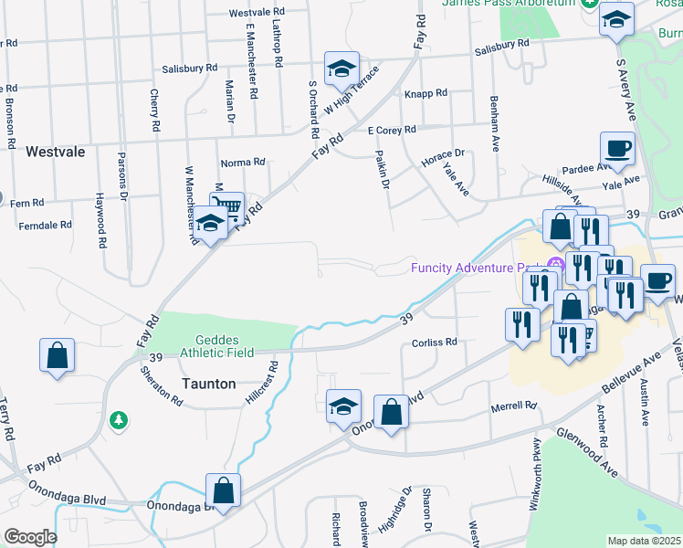 map of restaurants, bars, coffee shops, grocery stores, and more near 813 Fay Rd in Syracuse