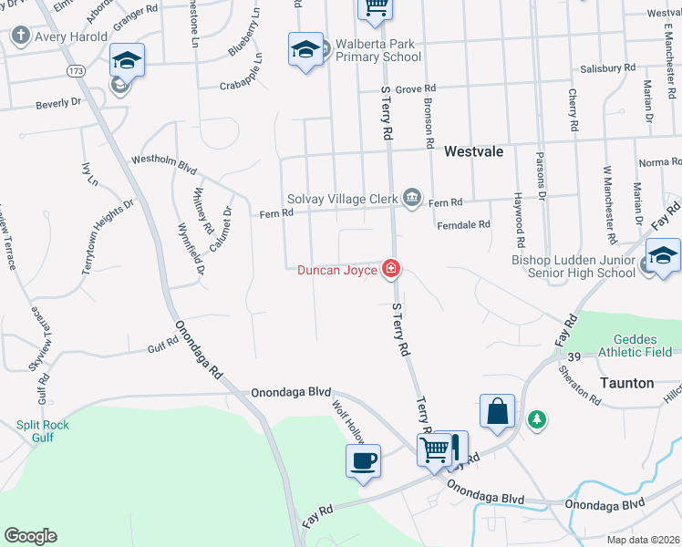 map of restaurants, bars, coffee shops, grocery stores, and more near 300 Steven Terrace in Syracuse