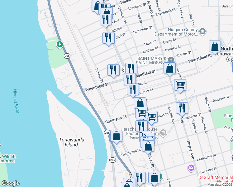 map of restaurants, bars, coffee shops, grocery stores, and more near 112 Miller Street in North Tonawanda