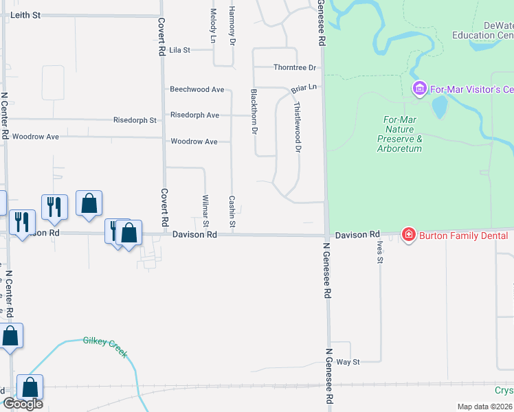 map of restaurants, bars, coffee shops, grocery stores, and more near 4388 Thornapple Circle in Burton