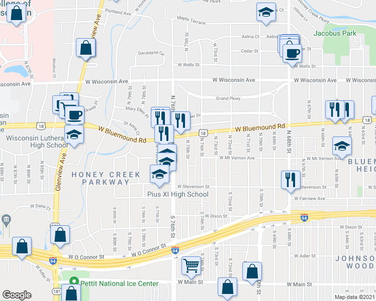 map of restaurants, bars, coffee shops, grocery stores, and more near 318 N 75th St in Milwaukee