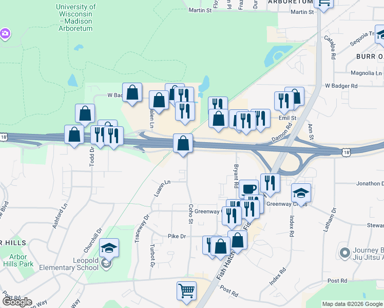 map of restaurants, bars, coffee shops, grocery stores, and more near 2009 W Beltline Hwy in Madison