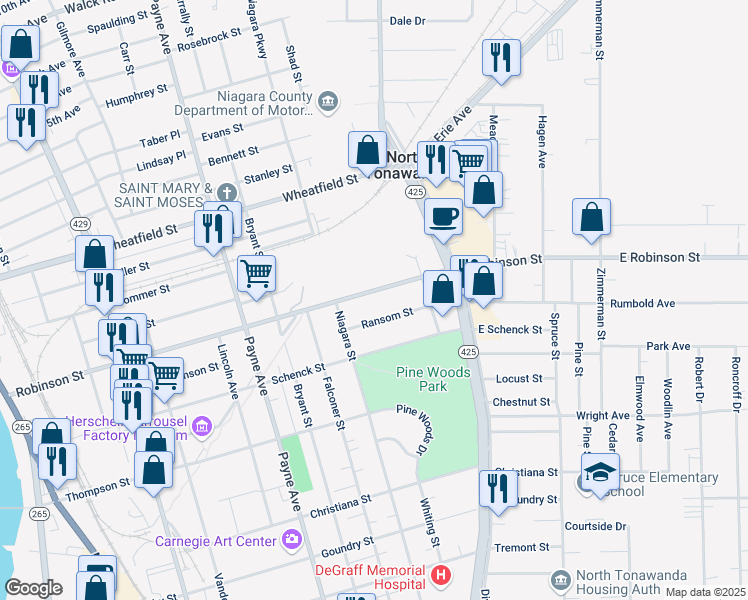 map of restaurants, bars, coffee shops, grocery stores, and more near 398 Robinson Street in North Tonawanda
