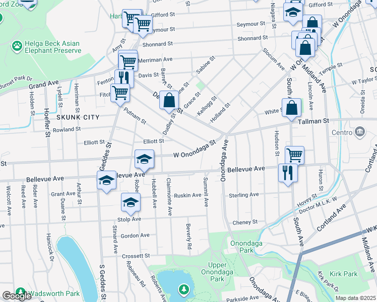 map of restaurants, bars, coffee shops, grocery stores, and more near 1000 West Onondaga Street in Syracuse