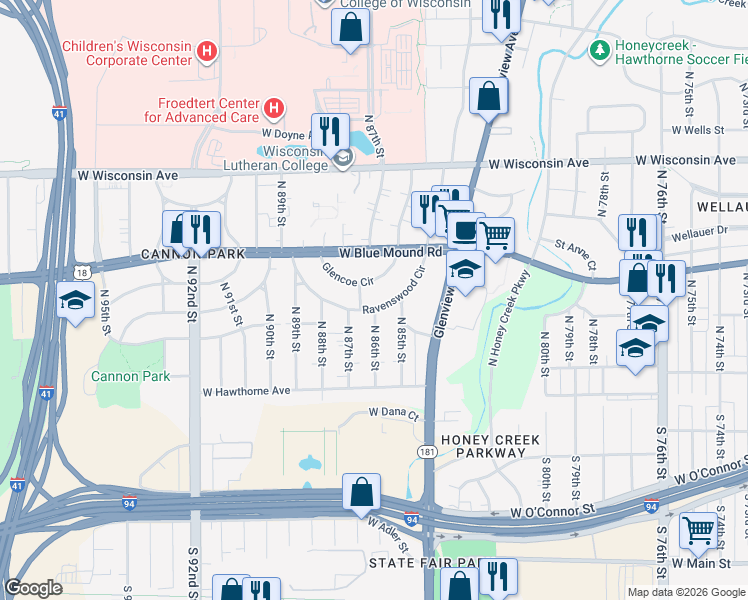 map of restaurants, bars, coffee shops, grocery stores, and more near 8620 Glencoe Circle in Wauwatosa