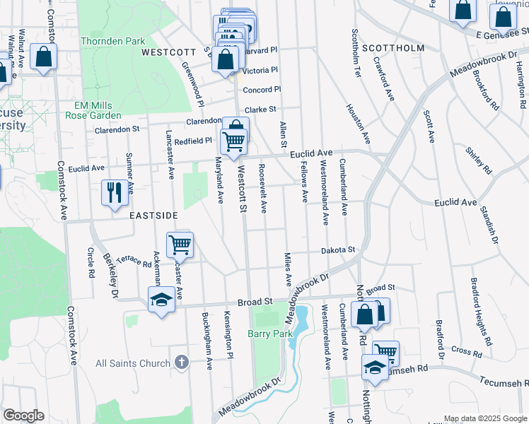 map of restaurants, bars, coffee shops, grocery stores, and more near 237 Roosevelt Avenue in Syracuse