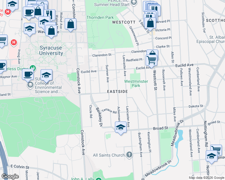 map of restaurants, bars, coffee shops, grocery stores, and more near 855 Sumner Avenue in Syracuse