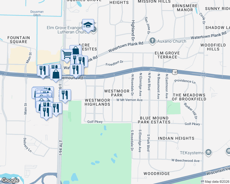 map of restaurants, bars, coffee shops, grocery stores, and more near 400 North Leanore Lane in Brookfield