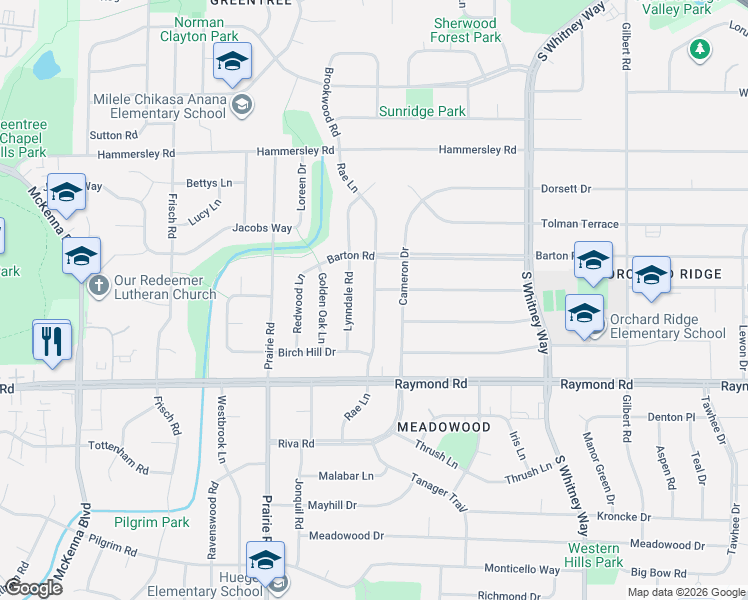 map of restaurants, bars, coffee shops, grocery stores, and more near Rae Lane in Madison