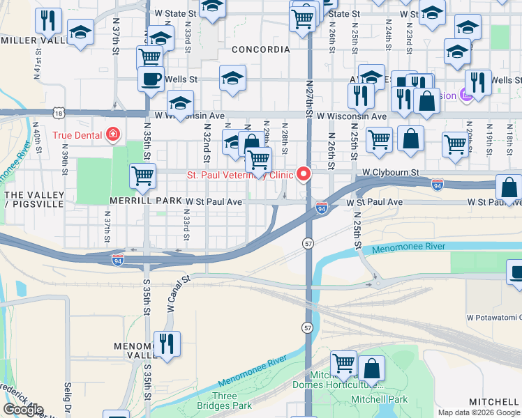 map of restaurants, bars, coffee shops, grocery stores, and more near in Milwaukee