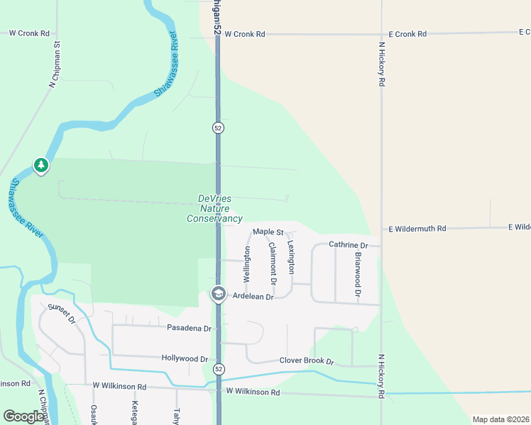 map of restaurants, bars, coffee shops, grocery stores, and more near West Wildwood Drive in Owosso