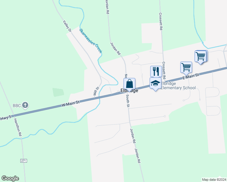 map of restaurants, bars, coffee shops, grocery stores, and more near 116 East Main Street in Elbridge